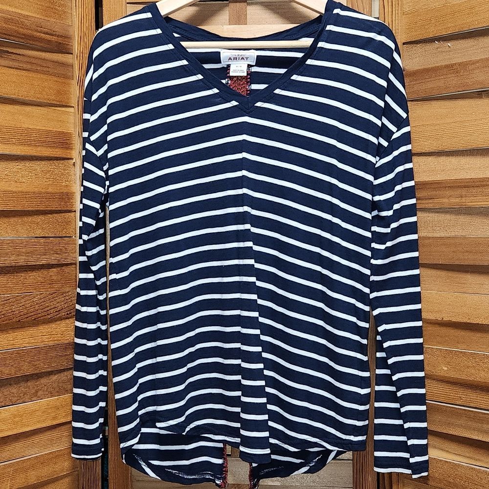 Ariat Long Sleeve V-Neck Navy White Striped Shirt Women M Red Lace Cotton
